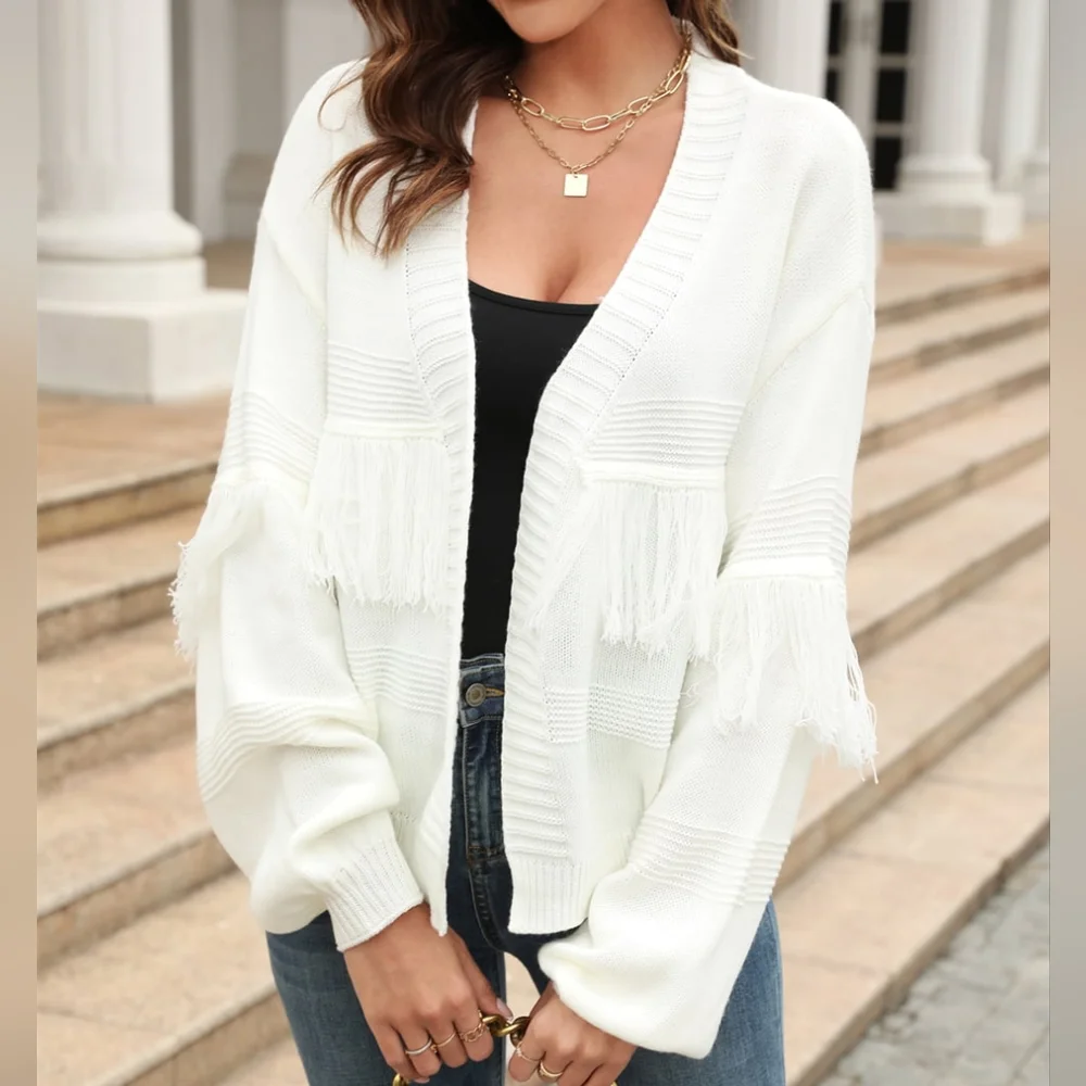 Fringe Trim Open Front Cardigan - White